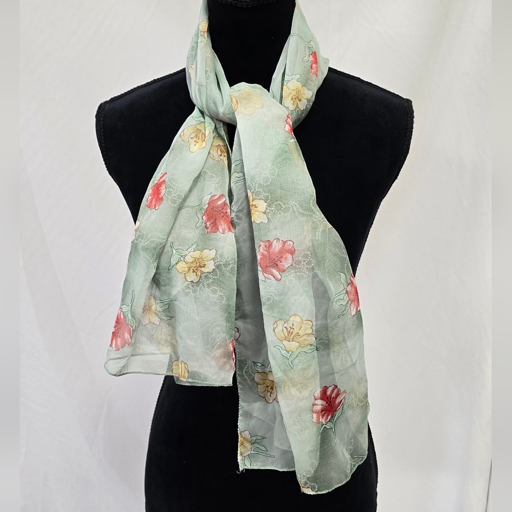 Vtg women scarf mid century cottagecore preppy romantic vacation bloomcore sheer